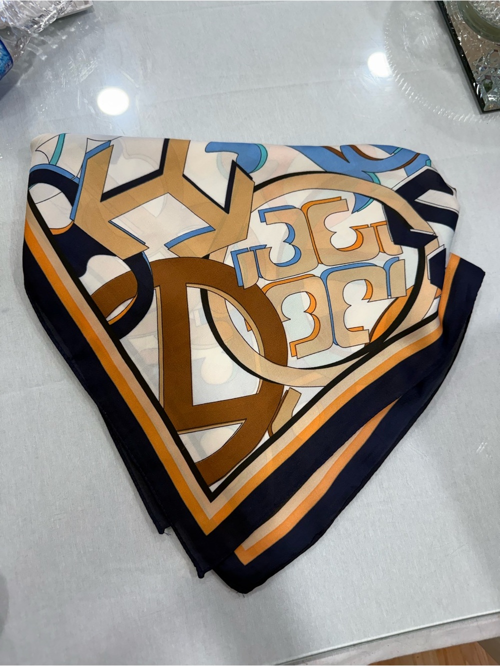Tory Burch Geometric Logo Print Silk Scarf in Navy, Brown, Cream, Blue